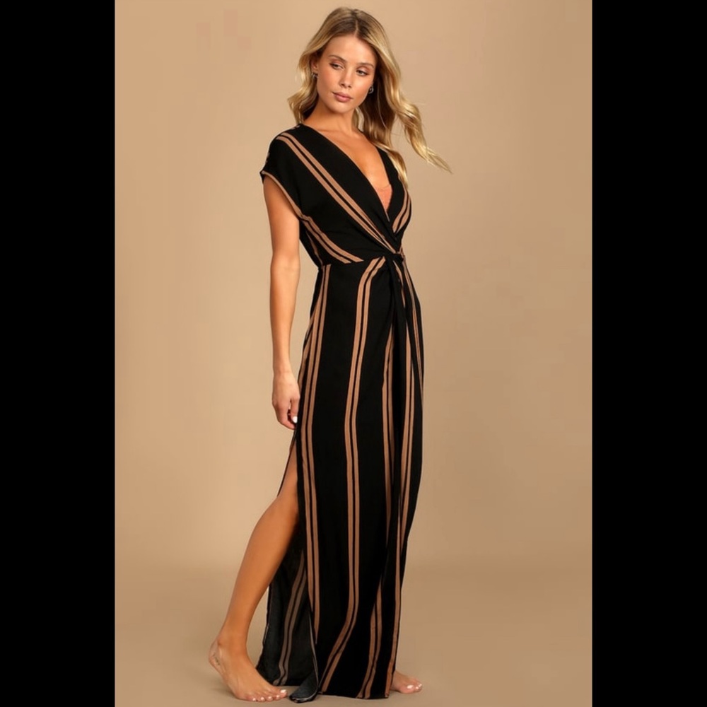 Lulus Coverup Swim Dress ! Coastal Grooves Black and Brown Striped Swim Cover-Up
